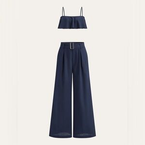 NWT Commense Navy Ruffled Cami Top and Wide-Leg Pants Set